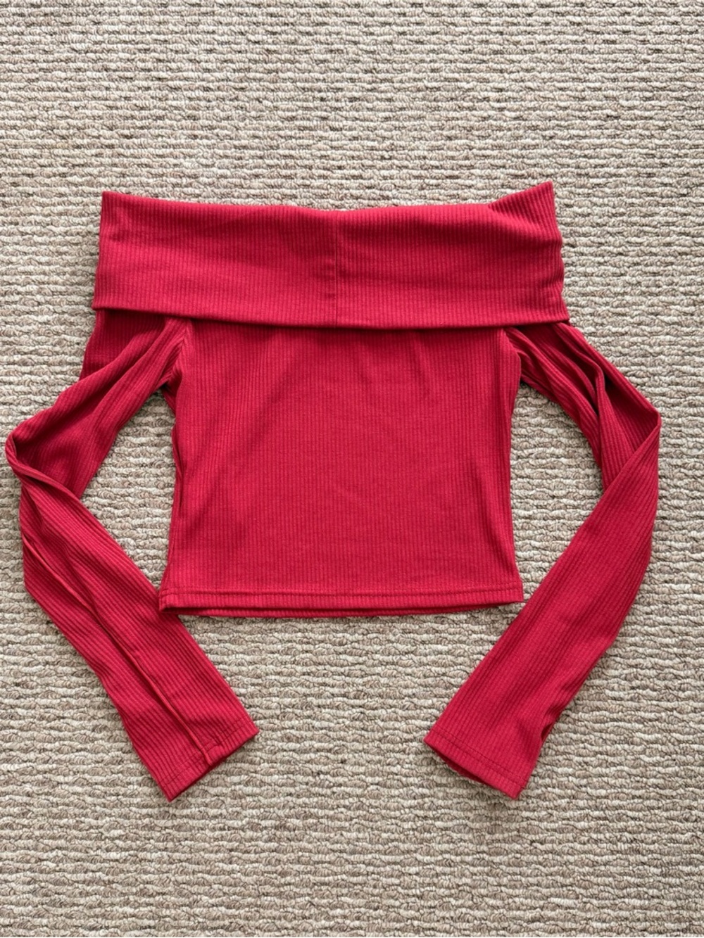 Red Ribbed Off-Shoulder Crop Top - Picture 2 of 2